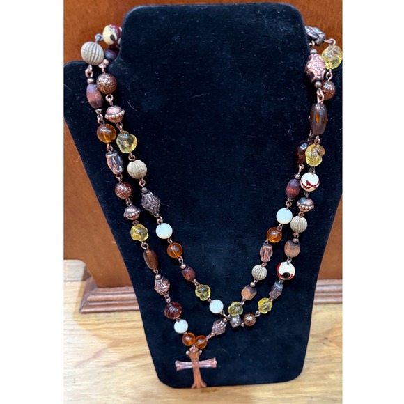 Jewelry - Boho Double Strand Beaded Necklace Copper Flared Cross Amber Cream Earth Tones